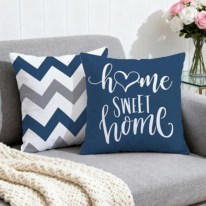 Hexagram Geometric Blue Pillow Covers 18x18 Set of 4, Decorative Outdoor Boho Modern Throw Pillow Covers, Home Sweet Home Farmhouse Cushion Case for Couch Sofa Bedroom Indoor Decor(No Insert)