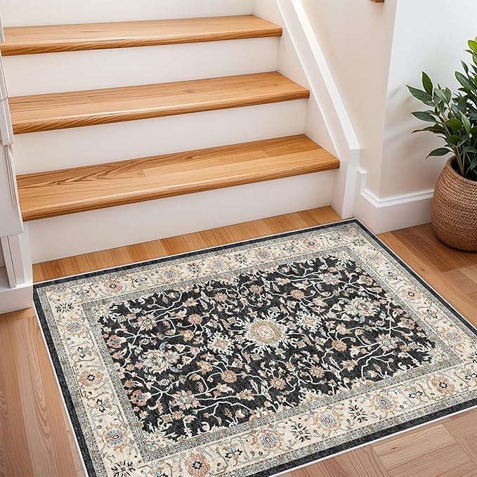 2x3 Washable Hallway Runner Rug - Non-Slip Stain Resistant Runner Rug Durable Kitchen Rugs and Mats Non Skid Waterproof Indoor Carpet Ultra Soft Runner for Living Room Bedroom Bathroom (Black, 2X3)