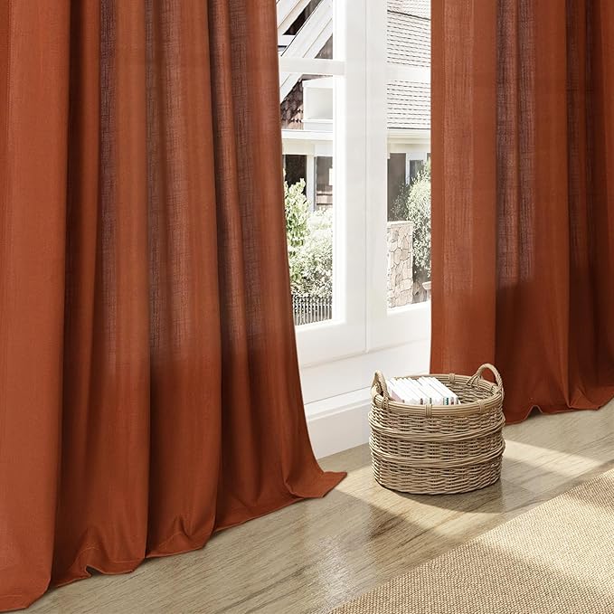 Nanspring Terracotta Semi Sheer Curtains 72 Inches Long 2 Panels Set for Bedroom Back Tab Rod Pocket Light Filtering Drapes Cotton Linen Textured Brick Burnt Orange Living Room Curtain 52X72 Inch