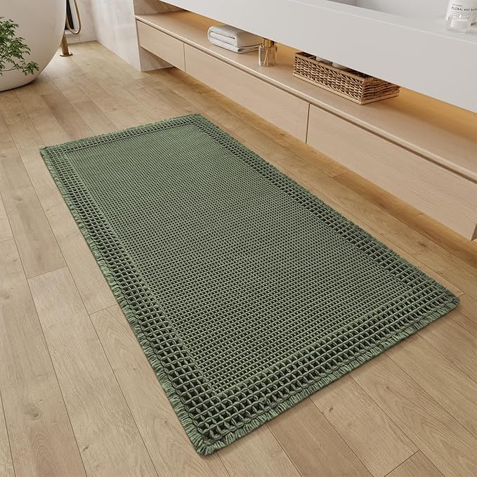 RESARE Christmas Waffle Bathroom Runner Rugs, Super Absorbent Bath Mat Non Slip Washable Quick Dry, Upgraded Ultra Soft Boho Bath Rugs with Tassels for Bedroom Laundry Room, 2'x4'(24"x48"), Green
