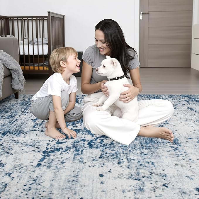 2.6'x8' Runner Rug Washable Rug;Modern Abstract Soft Thin Runner Rug Blue