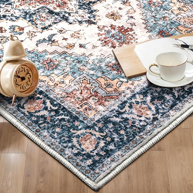 SERISSA Area Rug 3x5 Boho Rugs for Bedroom, Washable Kitchen Rugs Non-Slip, Ultra Soft Print Distressed Tribal Entry Rug Low-Pile Throw Rug Blue Orange Carpet for Bedroom Nursery Living Room Decor