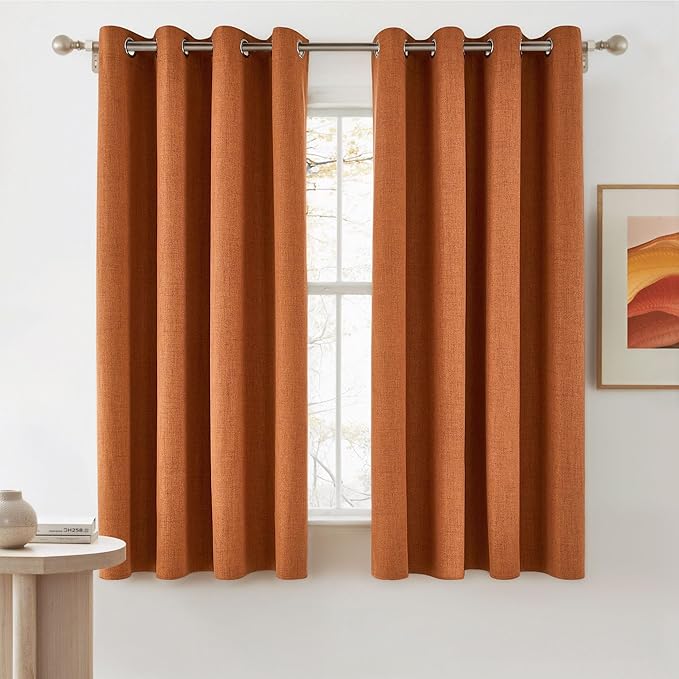 NICETOWN 100% Absolutely Blackout Linen Curtains with Thermal Insulated Liner, Terracotta, 52" Wide, 2 Panels, 63 inches Long Drapes, Grommet Retro Linen Curtains Vertical Drapes Privacy for Bedroom