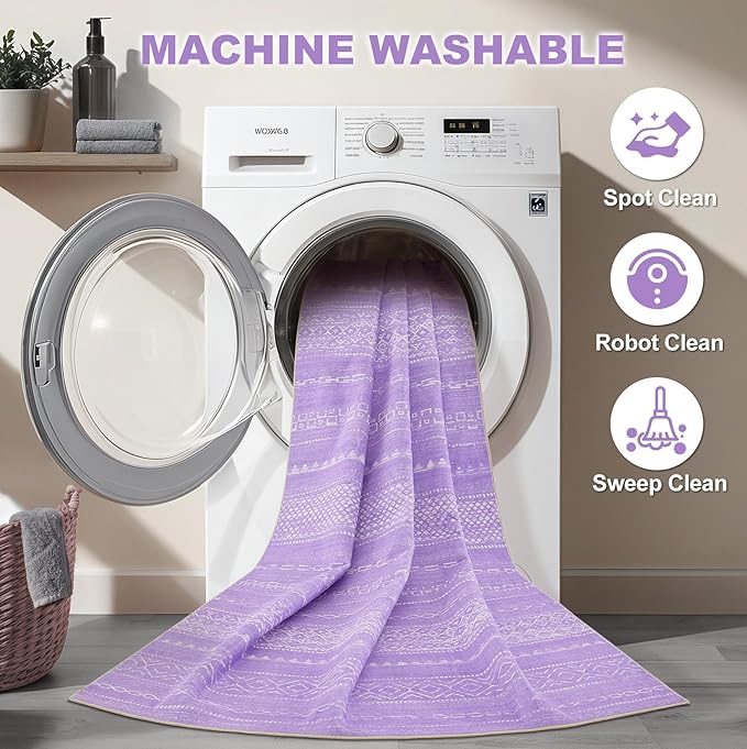 Nakagishi Purple Rug for Bedroom Girls: 5x7 Washable Boho Large Neutral Area Rug Cute Soft Modern Indoor Floor Non-Slip Accent Carpet for Living Room Nursery Kids Playroom Dorm Preppy Baby Room Decor