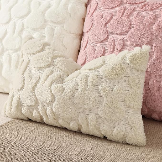 decorUhome Easter Bunny Pillow Covers 12x20 Inch Set of 2, Soft Plush Faux Wool Jacquard Beige Rabbit Cushion Covers, Farmhouse Neutral Spring Easter Holiday Decor for Couch Sofa Bed