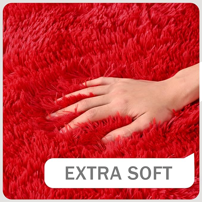 Amearea Shag Fluffy Area Rug for Bedroom Girls Living Room, Extra Soft and Fuzzy Shaggy Rugs, Non Slip, Solid Color Carpet Mat for Boys Nursery Home, Red 6x9 Feet