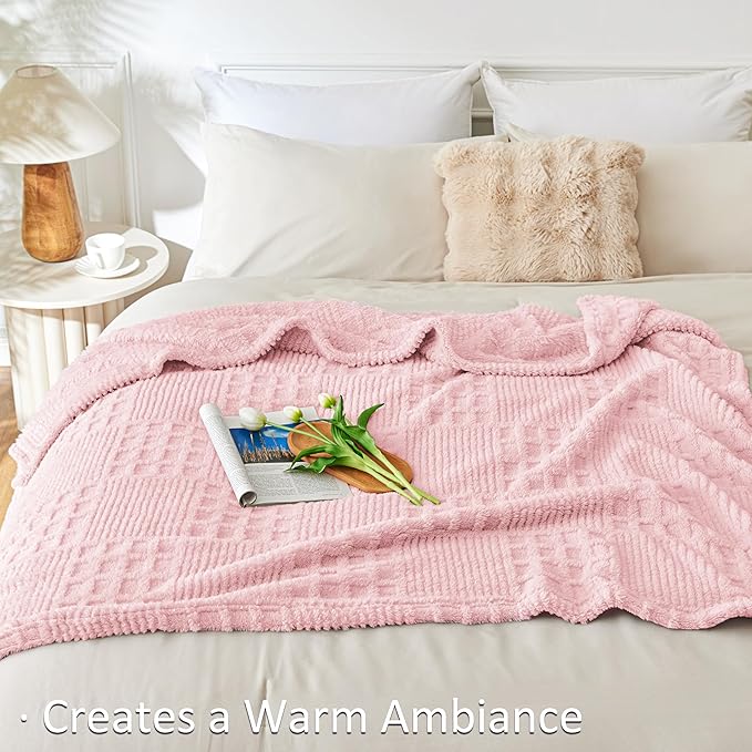 EXQ Home Fleece Throw Blanket for Couch or Bed - 3D Waffle Patchwork Pattern Jacquard Decorative Blankets - Cozy Soft Fuzzy Flannel Blanket Suitable for All Seasons(50"×60",Pink)