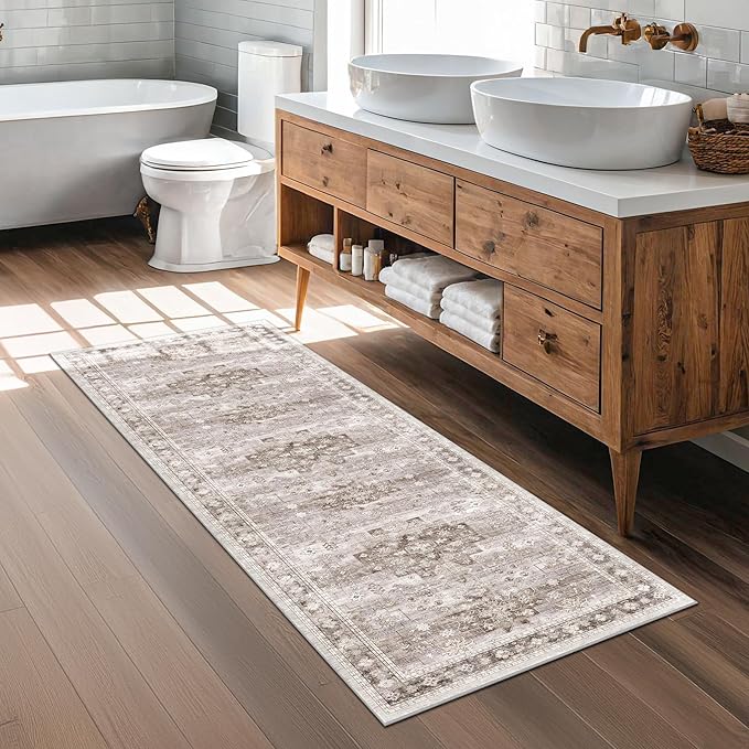 Hazo Haus Boho 2x7 Long Runner, Neutral Farmhouse Hallway Rug, Small Throw Runners for Bedroom, Bathroom, Kitchen, Vintage Floral Decor & Non-Slip Low-Pile Washable Stain Resistant, Latte Beige
