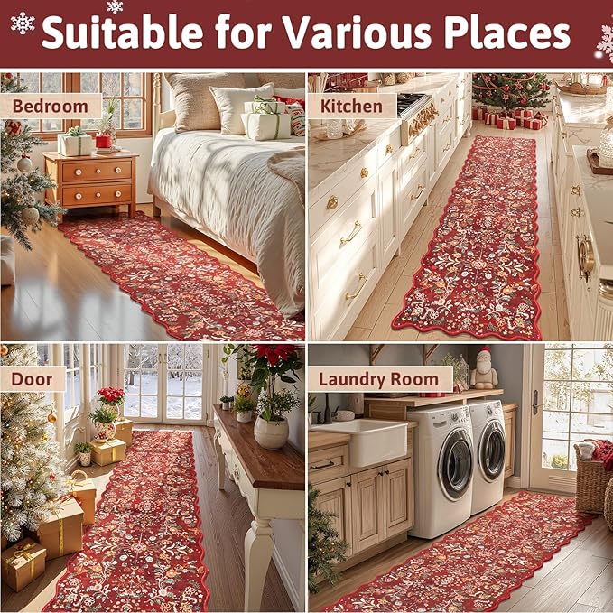 Yamaziot Christmas Runner Rug 2x8 – Red Floral Washable Non-Slip Carpet Runner Christmas Holiday Decor, Soft Low Pile Christmas Rug for Hallway, Kitchen, Entryway