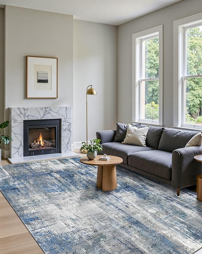 Latte&Fog 5x7 Area Rugs for Living Room Bedroom, Blue Modern Abstract Neutral Washable Rug, Boho Non Slip Low Pile Carpet for Dining Room,Dorm,Classroom,College Dorm and Farmhouse - Blue Grey