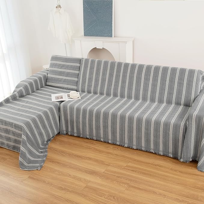 Couch Cover for Dogs, Boho Sofa Covers for 3 Cushion Couch, Chenille Sofa Slipcover for Pets Washable, L-Shape Sectional Loveseat Cover Soft Throw Blankets with Tassels(71x118,Striped Grey)