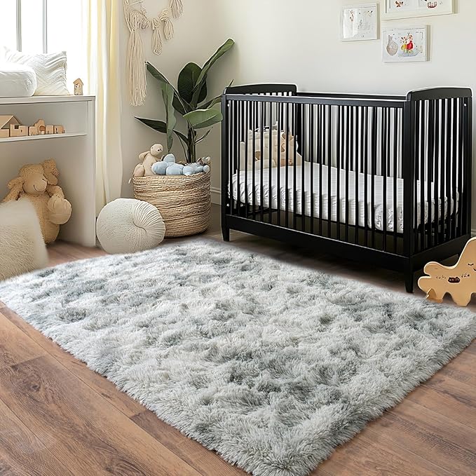 Pionblank Fluffy Area Rug for Bedroom 4x6 Feet, Indoor Plush Carpet, Shag Soft Bedside Rug, Cute Comfy Furry Rug for Living Room Dorm Girls Boys Room Nursery Decor, Tie Dye Grey