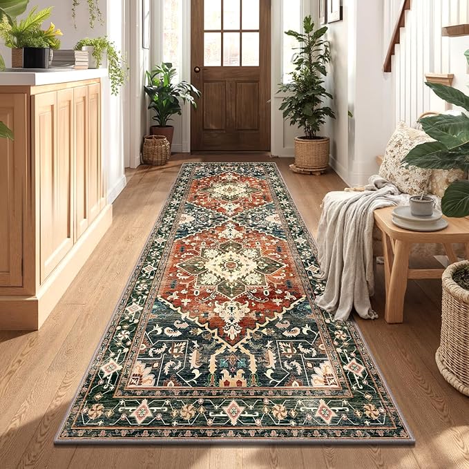 Yamaziot Washable Runner Rug, 3x8 Non-Slip Boho Vintage Hallway Rug with Rubber Backing, Low Pile Faux Wool Distressed Carpet Runner for Bedroom, Kitchen, Laundry, Entrance