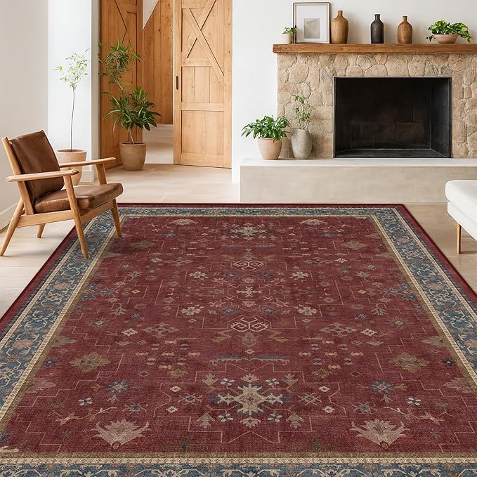 Hazo Haus Oriental 8x10 Large Area Rugs for Living Room - Burgundy Rug for Bedroom Under Bed, Dining Room Under Kitchen Table, Washable Soft Non Slip Unique Indoor Décor