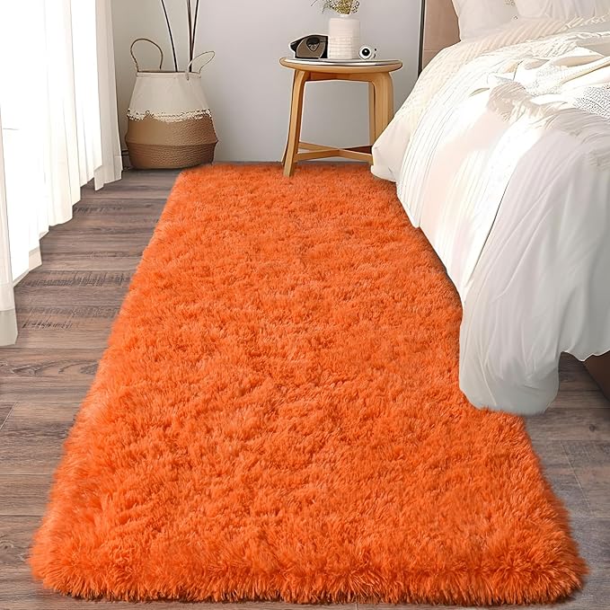 Soft Runner Rugs for Bedroom Hallways, 2x6 Orange Fluffy Shag Throw Area Rug Non Slip for Bedside Dorm, Long Shaggy Furry Carpet for Nursery Living Room