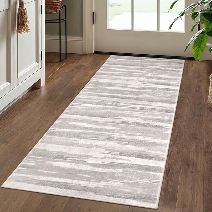 Lansny Modern Abstract Runner Rug 2x5, Neutral Light Beige and Grey Washable Entryway Kitchen Non-Slip Soft Hallway Runner Thin Print Faux Wool Carpet for Bedroom Laundry Room Indoor