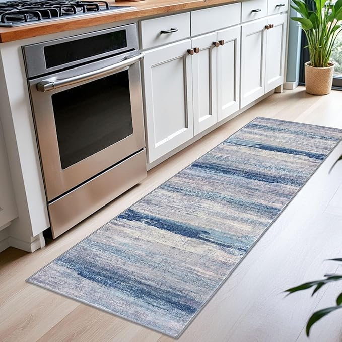 KOZYFLY Modern Abstract Kitchen Runner Rug, 2x6 Washable Rug Runner Non-Slip Soft Striped Hallway Runner Rugs, Blue/Grey/Beige Print Carpet Runner for Entryway Bathroom Laundry Room Foyer