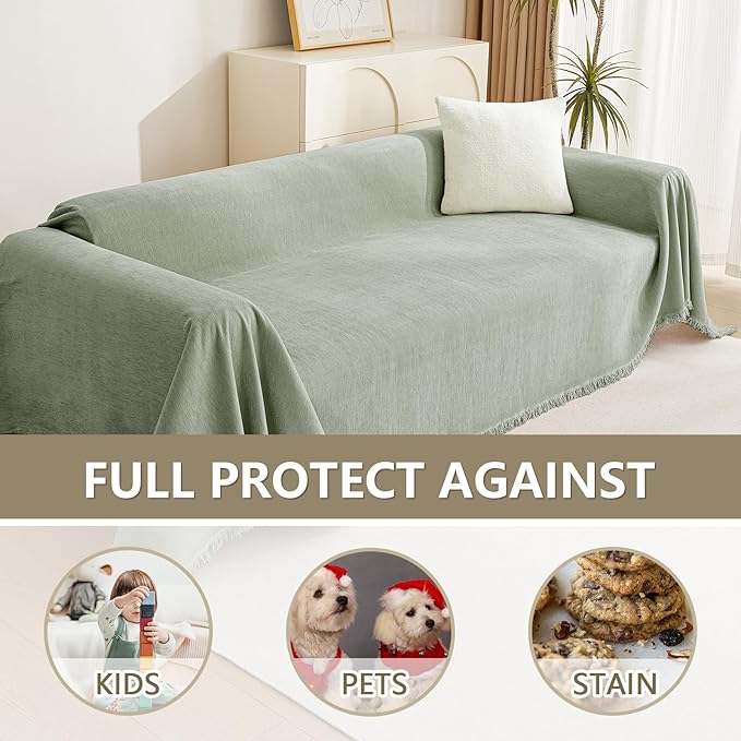 MYSKY HOME Green Sofa Covers Tassel Couch Cover for Pet Dogs Sage Couch Cushion Covers for L Shape Universal Chenille Sofa Throw Cover Washable Sectional Couch Covers for Living Room, 71" X102"