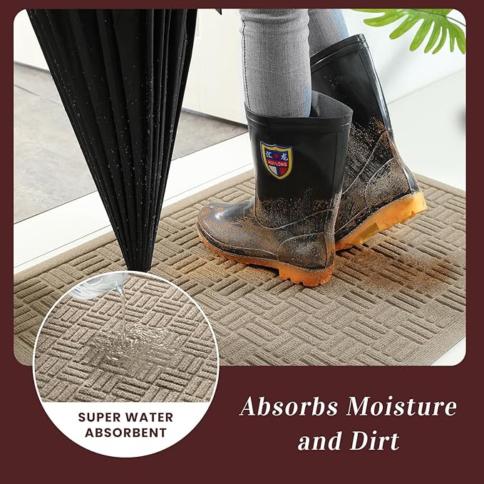Mibao Front Door Mat Indoor Outdoor Entrance, Dirt Trapping Waterproof All-Season, All-Weather Doormat, Non-Slip Durable Natural Rubber Low Profile Easy Clean Patio Entrance Mat, 36" x 24", Beige