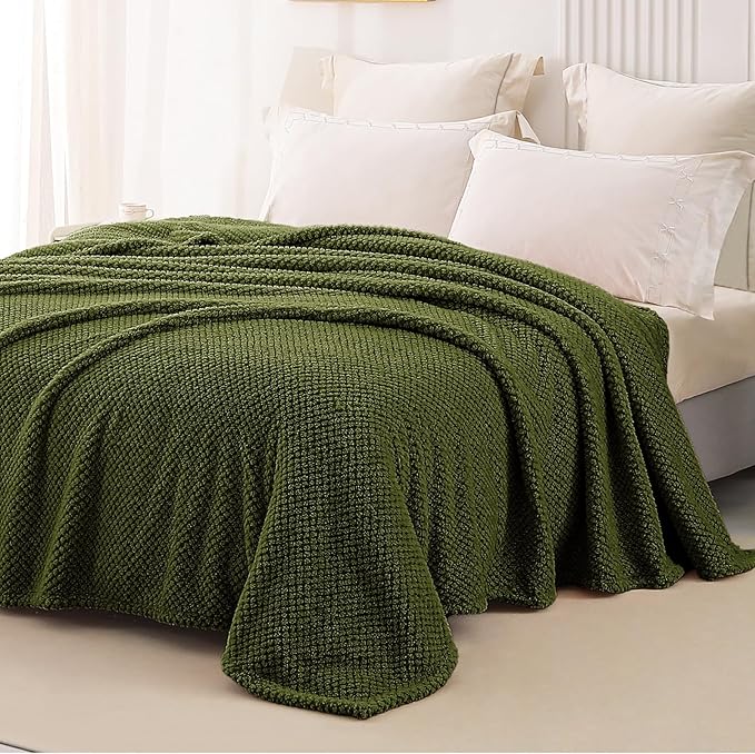 Whale Flotilla Queen Size Fuzzy Fleece Blanket, Fluffy Warm Soft Jacquard Bed Blankets for All Season, Lightweight and Cozy, 90x90 Inch, Olive