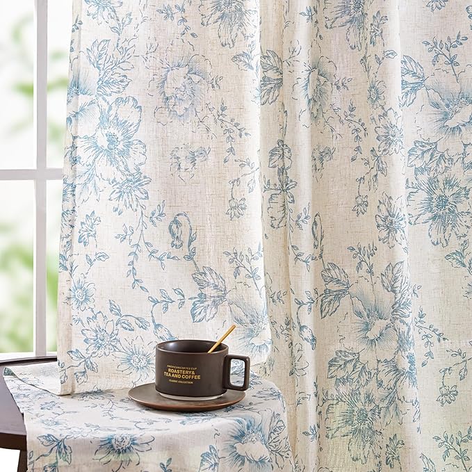 jinchan Linen Blend Curtain Floral Curtains for Living Room 63 Inch Length Blue Printed Curtain Rod Pocket Back Tab Farmhouse Peony Flower Patterned Drapes Bedroom Window Curtains Set 2 Panels