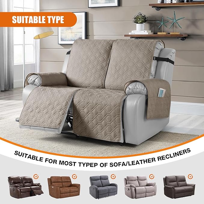 VANSOFY Waterproof Recliner Couch Covers, Sofa Covers 1-Piece Washable Reclining Sofa Cover Non-Slip Furniture Protector with Elastic Straps Pocket for Dogs, Pets(Khaki,Oversized 2 Seater)