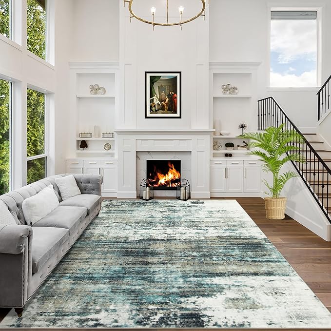 6x9 Area Rugs Washable Rug: Large Modern Abstract Living Room Rug Soft Anti-Skid Thin Carpet Indoor Floor Non-Shedding Carpets for Bedroom Dining Room Farmhouse Nursery Home Office Green Multi