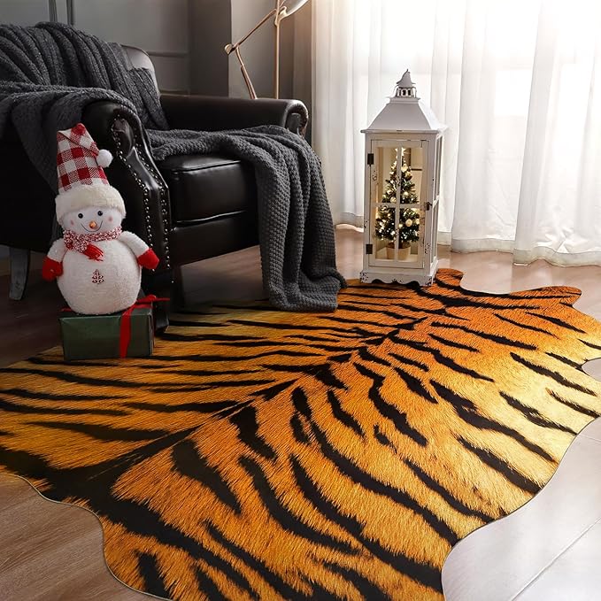 AROGAN Premium Tiger Print Rug 5.2x6.2 Feet, Machine Washable Faux Fur Rug, Non-Slip Animal Print Hide Tiger Skin Area Rug for Bedroom Living Room Home Decor