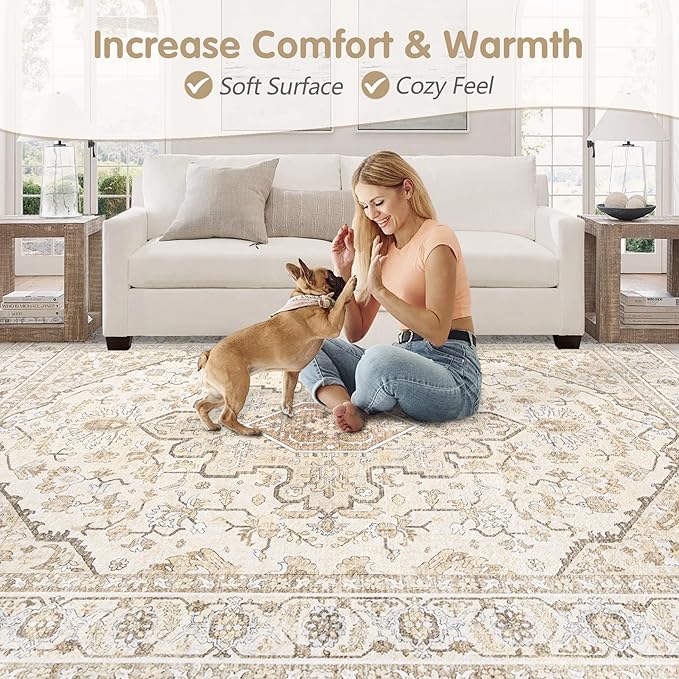 Area Rugs 5x7 Vintage Rug: Washable Living Room Rug Retro Medallion Distressed Large Soft Low Pile Non-Slip Indoor Floor Carpet for Bedroom Kitchen Nursery Dining Table Office (BeigeBrown, 5'x7')