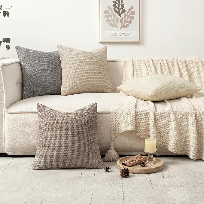 MIULEE Pack of 4 Couch Throw Pillow Covers 16x16 Inch Neutral Beige/Brown Soft Decorative Chenille Pillow Covers Farmhouse Accent Cushion Covers for Boho Spring Home Decor Sofa Bedroom Living Room