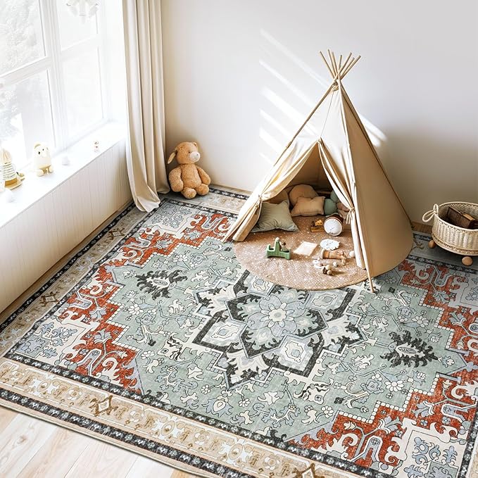 Lofus 5x7 Area Rugs for Living Room and Bedroom, Machine Washable Rug for Kitchen Office, Non Slip Low Pile Carpet for Kids and Pets, Vintage Boho Soft Carpets, Beige Orange