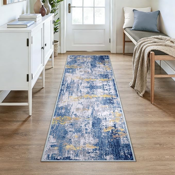 Washable Area Rugs 3x7 Non-Slip Modern Abstract Soft for Living Room Entryway Bedroom Nursery, Print Pattern, Grey Blue Gold/Golden