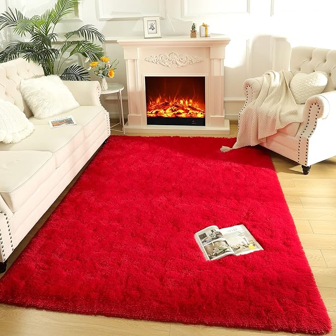 LOCHAS Ultra Soft Indoor Modern Area Rugs Fluffy Living Room Carpets for Children Bedroom Home Decor Nursery Rug 6x9 Feet, Red