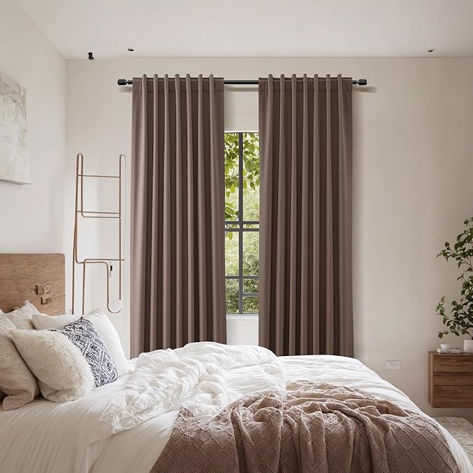 Guken Mocha Mousse 100% Blackout Linen Curtains 96 Inch Length 2 Panels Set for Living Room Bedroom Back Tab/Rod Pocket Thermal Insulated Farmhouse Black Out Drapes Room Darkening,52x96