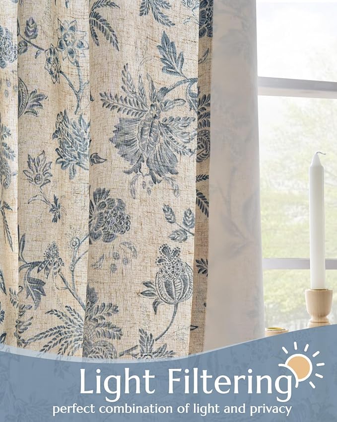 jinchan Lined Linen Floral Curtains for Living Room, 63 Inch Length Printed Flower Farmhouse Patterned French Country Back Tab Blue Window Drapes Set Privacy Bedroom Curtains, 2 Panels