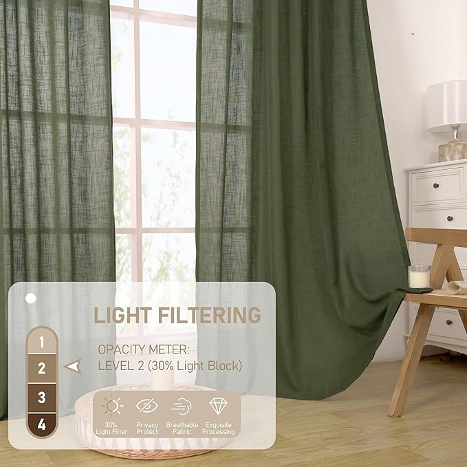 LAMIT Olive Green Linen Curtains 80 inch Length 2 Panels, Light Filtering Semi Sheer Curtains Back Tab and Rod Pocket Neutral Panels for Bedroom/Living Room, 34 x 80 Inch