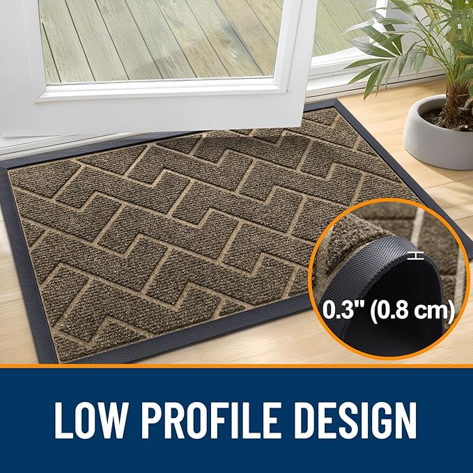 OLANLY Front Door Mat Indoor Outdoor Entrance, Waterproof All-Season, All-Weather Doormat, Sturdy Natural Rubber, Low Profile, Easy Clean Patio Porch Entryway Mat, Herringbone Brick (Brown, 47x17)