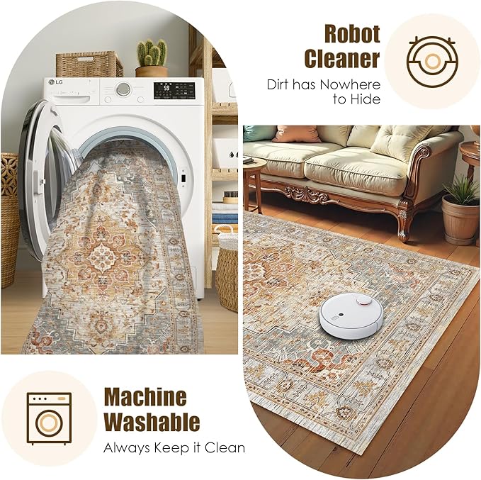 Washable Area Rug 4' x 6' Vintage Traditional Persian Mat - Foldable Distressed Non-Slip Machine Washable Carpet for Living Room Bedroom Kitchen Home Decor - Dove Gray and Coral