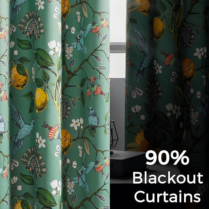 Extra Long 108 Inches Curtains for Large Window Funky Sage Green Tall Light Blocking Fun Floral Hummingbird Leaf Flower Jungle Forest Fancy Grommet Microfiber Lined High Ceiling Curtains 2 Panels 9FT
