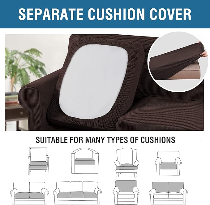 H.VERSAILTEX 4 Piece Stretch Sofa Covers for 3 Cushion Couch Covers for Living Room Furniture Slipcovers (Base Cover Plus 3 Seat Cushion Covers) Upgraded Thicker Jacquard Fabric (Sofa, Chocolate)
