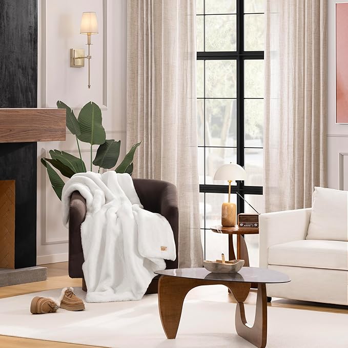 UGG Euphoria Faux Fur Throw Blanket, Warm Fluffy for Couch or Bed, Luxury Bedroom Decor, Blankets, Machine Washable, 50-inch x 70-inch, White Snow
