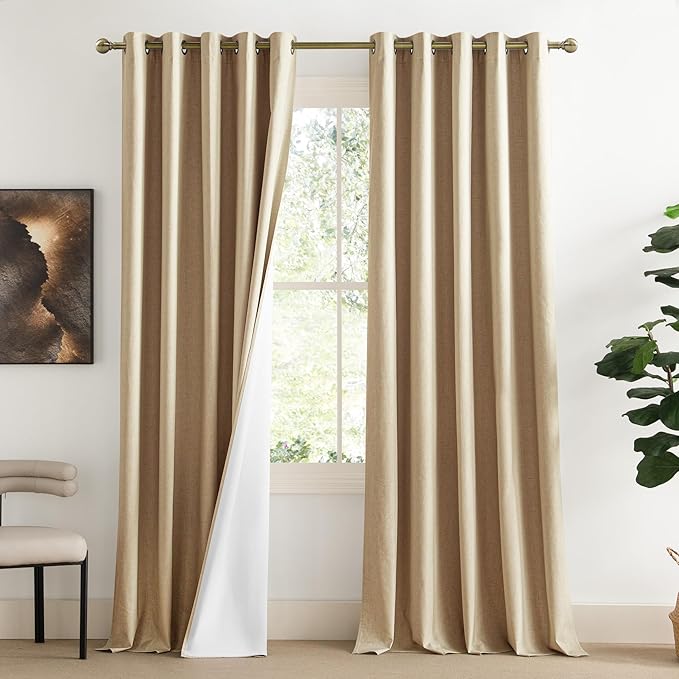 NICETOWN 100% Blackout Camel Linen Curtains 95 inches Length with Thermal Insulated Liners, 2 Panels, 62 inches W, Farmhouse Style Room Cooling Small Window Draperies for Dining Room