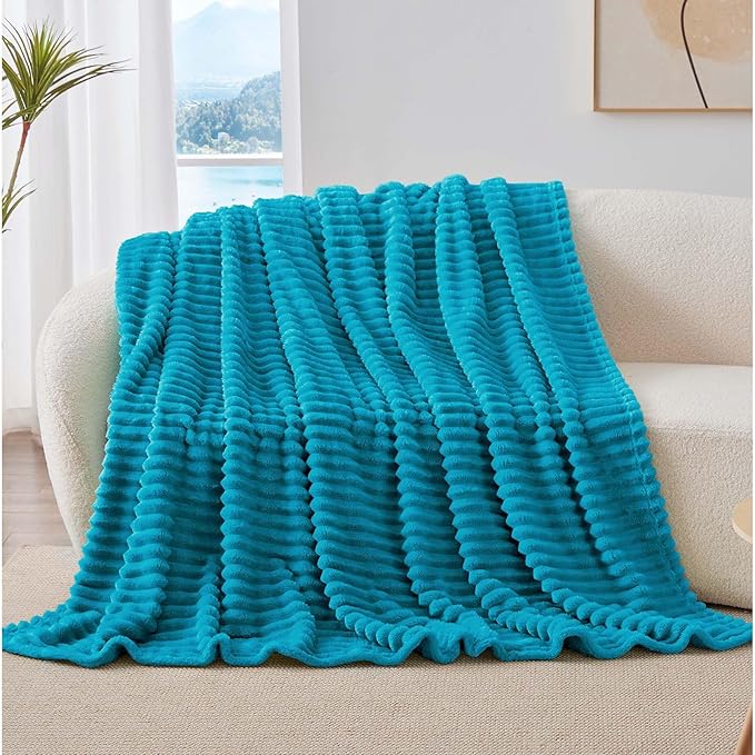 BEDELITE Fleece Throw Blanket for Couch - 300GSM Soft & Warm Fluffy Teal Blanket, Decorative and Giftable Striped Blankets for Women, Men, 50"x60"