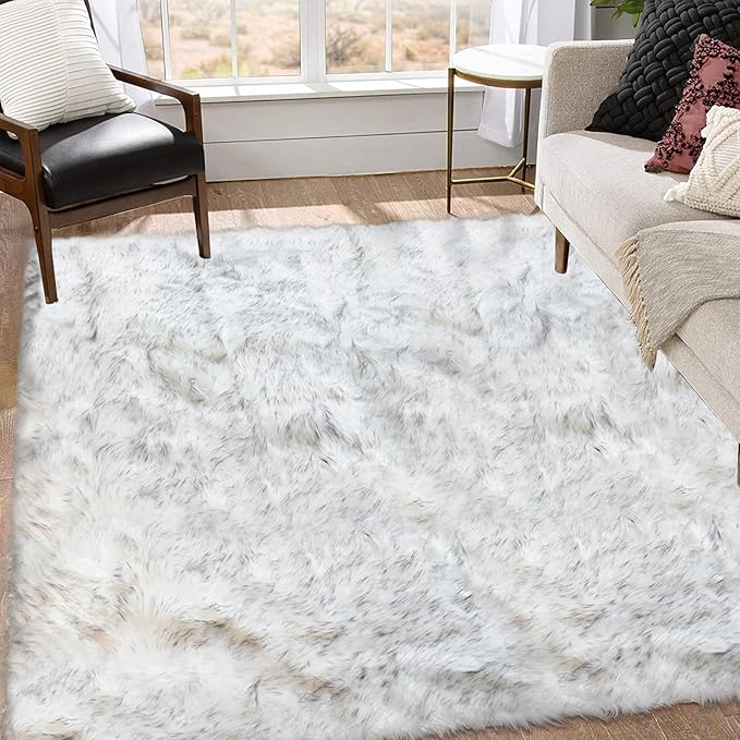 Goolela Sheepskin Area Rug 6x9 Fluffy Fuzzy Furry Faux Fur Rug for Living Room Bedroom Plush Luxury Rectangle, White with Grey Tips