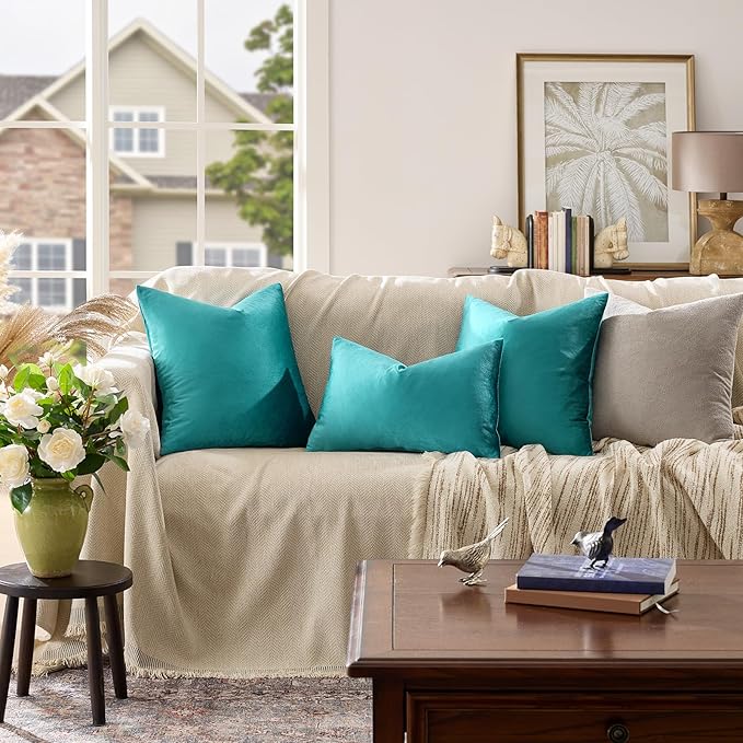GIGIZAZA Decorative Throw Pillow Covers 16x16,Set of 2 Teal Square Couch Pillow Covers,Velvet Sofa Boho Cushion Pillows