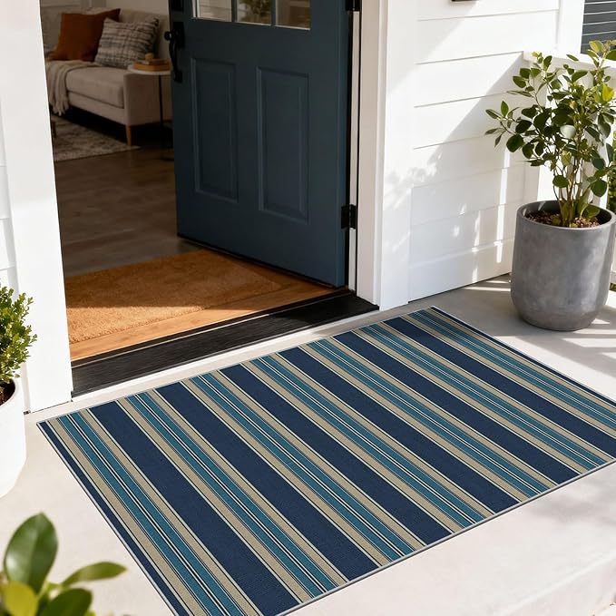 Striped Outdoor Rug - 28" x 43" Front Door Mat Indoor Outside Entrance Non-Slip Washable Outdoor Mat Navy Blue Coastal Rug for Entryway Kitchen Bedroom Welcome Layered Doormat for Front Porch