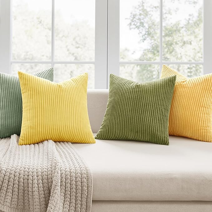 MIULEE Boho Farmhouse Yellow Green Throw Pillow Covers 18x18 Inch Set of 4 Mordern Nordic Cushion Covers Soft Corduroy Spring Home Decor for Couch Bed Sofa Living Room