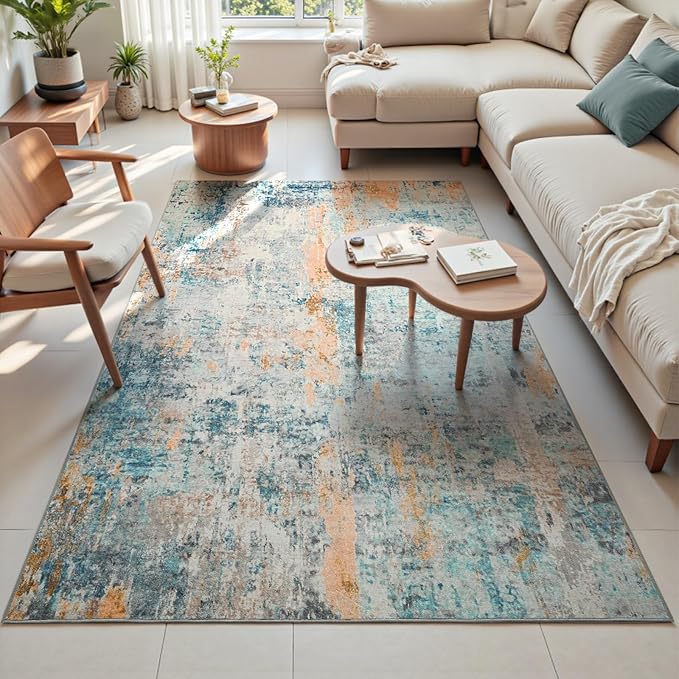 Area Rug 4x6 Blue Rug Washable Boho Rugs Non Slip Low Pile Abstract Small Carpet for Entryway, Bedroom, Kitchen, Classroom, Kids Room, Office, Dorm, Dining Room