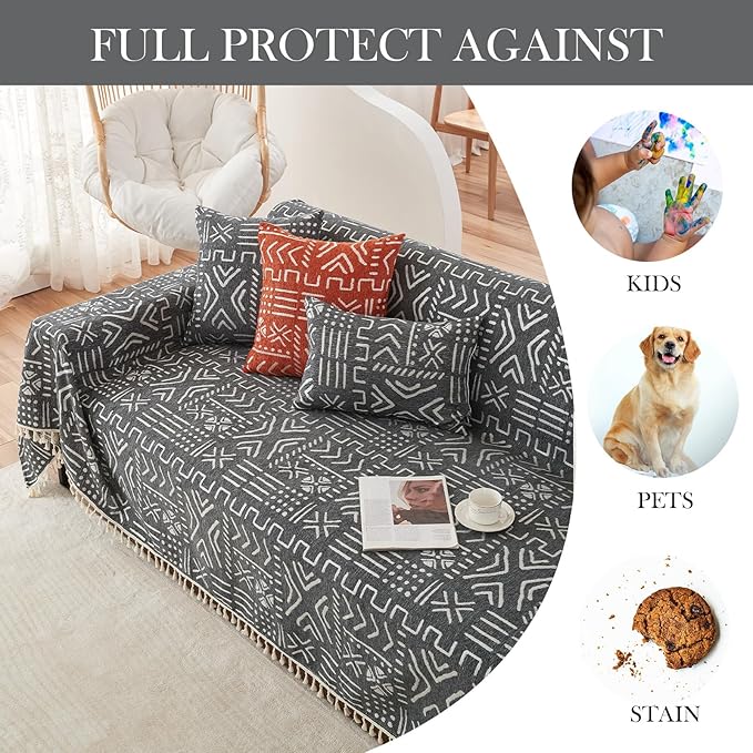 HANDONTIME Sofa Covers Boho Couch Cover for 3 Cushion Couch Sofa Geometric Couch Cover for Living Room Pet Sofa Slipcovers Couch Protector for Dogs Aesthetic Cushion Cover, Black/White