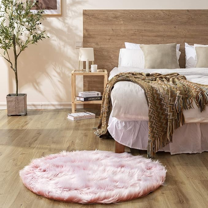 Ashler Faux Fur Rug - Fluffy Shaggy Area Rug, Ultra Soft 3 x 3 Feet Round, Frosted Bottom Pink Fuzzy Machine Washable Shag, Nursery Decor Throw for Bedroom, Kids Room, Living Room